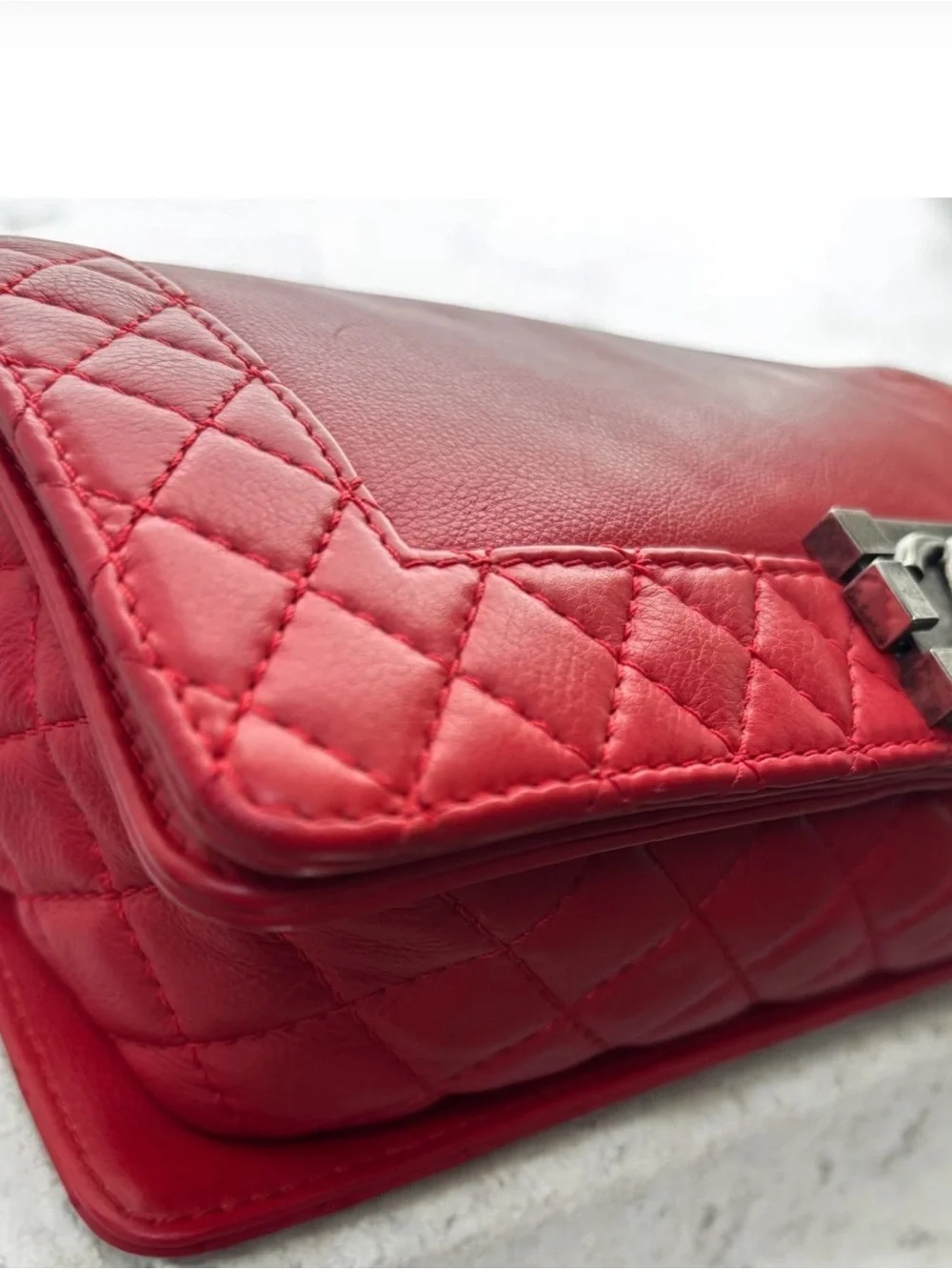 CHANEL Boy Flap Shoulder Bag Red Leather Ruthenium Hardware Chain Strap
